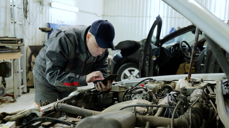 Professional mechanic using a mobile phone for diagnostics while inspecting a vehicle engine in a garage, showcasing modern automotive repair technologyの写真素材
