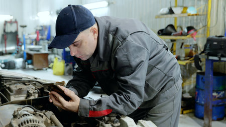 Professional mechanic checking smartphone screen near open car hood, utilizing digital diagnostic tools in bustling auto repair workshop with mechanical equipmentの写真素材