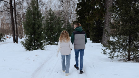Loving couple strolling hand in hand through snow covered forest, walking toward distant horizon...