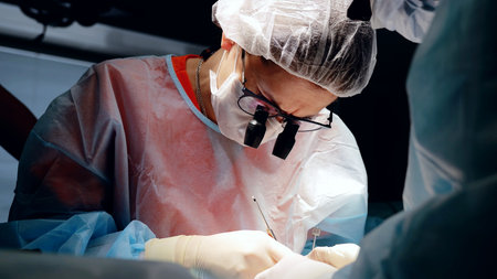 Skilled surgeon leads a team in performing a procedure in a sterile operating room, utilizing surgical tools and equipmentの写真素材