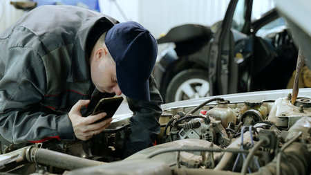 Professional automotive technician documenting engine repair, photographing vehicle components using...