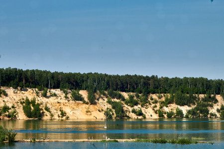 Landscape of the Dniester River in Ukraine on a sunny summer dayの写真素材