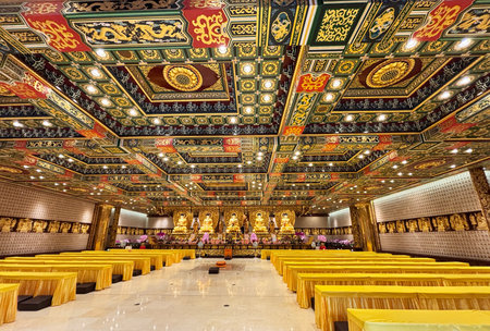 The interior of the Po Lin Monastery, Hong Kong. The monastery was founded in 1906 by three monks visiting from Jiangsu Province on the Chinese mainland.の写真素材