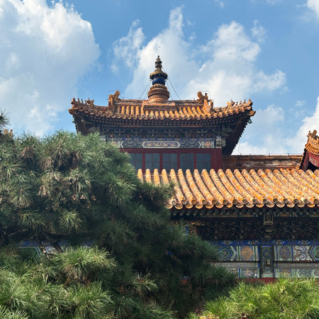 Buddhist temple in China. Lama Temple is an elegant Buddhist complex built in 1694, Beijing.の写真素材