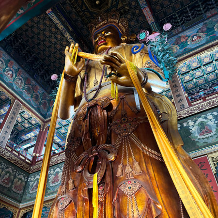 Statue of the Maitreya Buddha in the Yonghe Temple (Yonghe Lamasery, Lama Temple), Beijing.の写真素材
