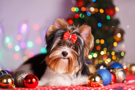 Studio photography of a Biewer Yorkshire Terrier on Christmas decorationsの写真素材