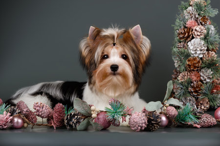 Biewer Terrier and Christmas decorationsの写真素材