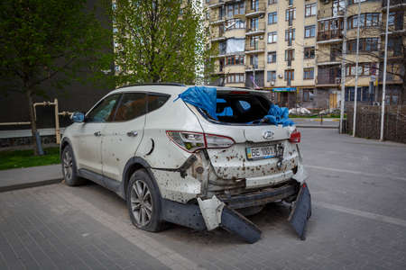 Cars in Irpin. May, 2022. Irpin, Kyiv region, Ukraine. Russia Ukraine war. Damaged in Irpin after fightingのeditorial素材