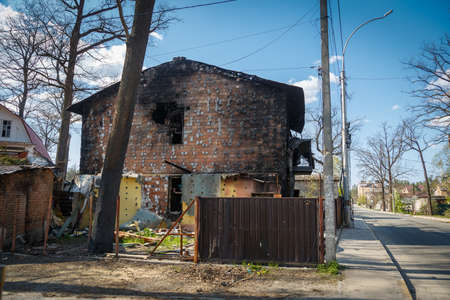 Destruction of Irpin. May, 2022. Irpin, Kyiv region, Ukraine. Russia Ukraine war. Damaged in Irpin after fightingのeditorial素材
