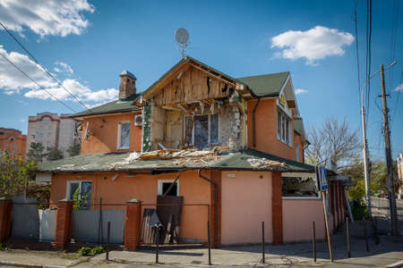Destruction of Irpin. May, 2022. Irpin, Kyiv region, Ukraine. Russia Ukraine war. Damaged in Irpin after fightingのeditorial素材