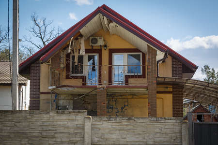 Destruction of Irpin. May, 2022. Irpin, Kyiv region, Ukraine. Russia Ukraine war. Damaged in Irpin after fightingのeditorial素材