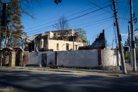 Destruction of Irpin. May, 2022. Irpin, Kyiv region, Ukraine. Russia Ukraine war. Damaged in Irpin after fightingのeditorial素材