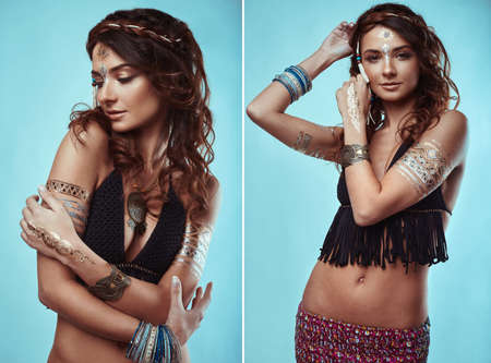 Portrait of beautiful glamor hipster young hippie woman in knitted braの写真素材