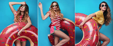 Studio bright summer fashion portrait of stylish beautiful woman with make up, colorful sunglasses on bright backgroundの写真素材