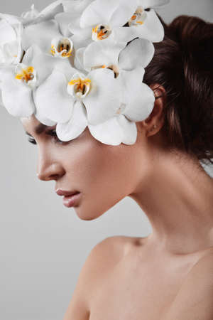 Portrait of beautiful, glamorous, sensual brunette model in studioの写真素材