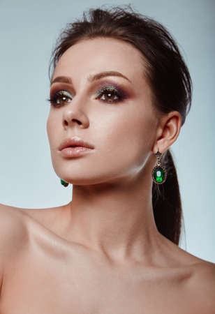 Portrait of beautiful, glamorous, sensual brunette model in studioの写真素材