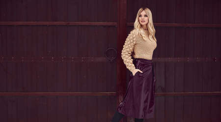 Portrait of georgeous elegant blonde in bright dress on wooden backgroundの写真素材