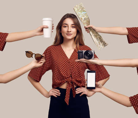 Creative portrait of elegant glamor hipster girl with with everything you need to travel - card,...
