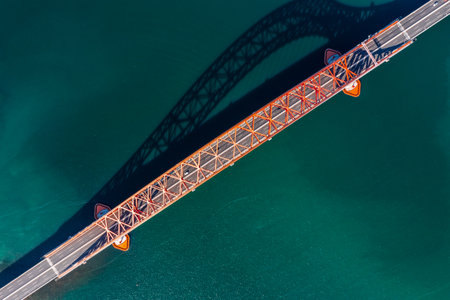 Aerial view of a bridge over a riverの写真素材
