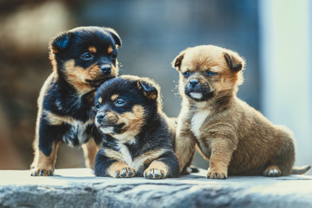 Three puppies sitting on the floor in the gardenの写真素材