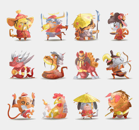 Chinese zodiac animals cartoon set of rabbit dog monkey pig tiger horse dragon goat snake rooster ox rat isolated cartoon hand drawn vector illustration.のイラスト素材