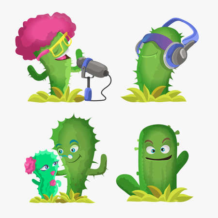 Cactuses cute kawaii vector characters. Plants with smiling faces. Cactus in headphones, cactus sings, a couple of cacti and funny face. Funny emoji, emoticon set. Isolated cartoon color illustration.のイラスト素材