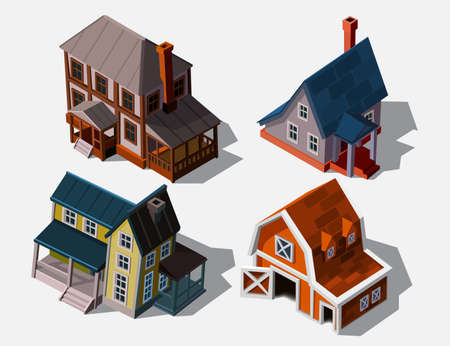 Isometric houses in european style, vector illustration. Collection houses isolated on white for buildings and computer game design. Architectural exterior for cartoon 3d town, game graphics.のイラスト素材