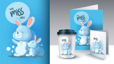 Mom and her little rabbit stand and wave their paws. Cute bunnies. We miss you text. Poster and merchandising. Can be used for print design, baby shower celebration greeting and invitation card.のイラスト素材