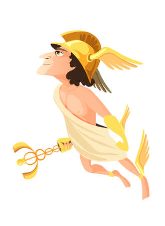 Hermes or Mercury - deity of trade, commerce and merchants of Greek and Roman pantheon, messenger of Olympian gods. Male mythical character wearing winged helmet. Flat cartoon vector illustration.のイラスト素材