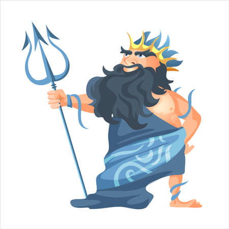 Ancient Greek god of sea and waters Poseidon, vector man in crown with gold trident religion and myth. Greece traditions and rituals isolated male character theology and legend Neptune ocean king.のイラスト素材