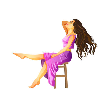 A brunette with long hair sits in a purple dress with her head thrown back. Brunette sitting and smiling. Isolated vector illustration in cartoon style.のイラスト素材
