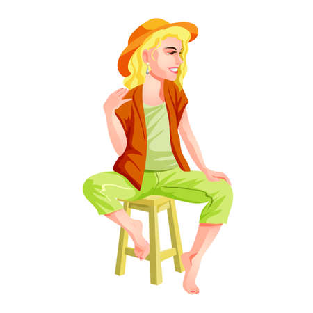 A cute girl in a hat and green-and-brown clothes sits on a highchair. Blonde sitting and smiling. Isolated vector illustration in cartoon style.のイラスト素材