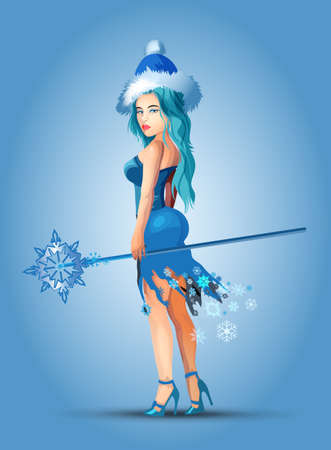 Snow Maiden is Christmas and New Year Character. Vector illustration of a pretty snow princess. Beautiful young girl.のイラスト素材