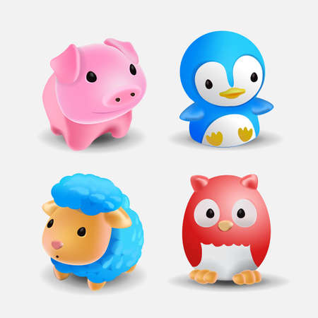 Set of several cute bath animal toys. Toy for the bathroom. A collection of a cute lamb, minipig, owl and penguin. Vector illustration.のイラスト素材