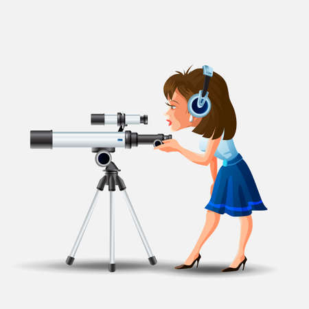 Cute little girl in headphones looking into telescope vector illustration. Colorful female child watching through spyglass isolated on white background. Kid enjoying entertainment at planetarium.のイラスト素材