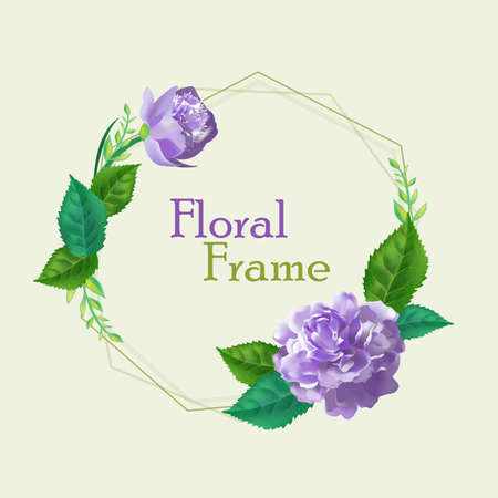 Template for invitation, greeting card, decorated with violet flowers of roses, beautiful green leaves and a square frame. Warm vintage background. 3d realistic vector illustration.のイラスト素材