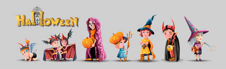 Collection with kids characters for Halloween. Halloween costumes set. Cartoon vector characters on white background. Isolatedのイラスト素材
