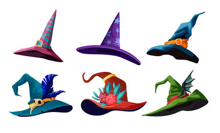 Vector Collection Of Cartoon Witch Hats For Your Halloween Design. Illustration with different types of magic hats.のイラスト素材