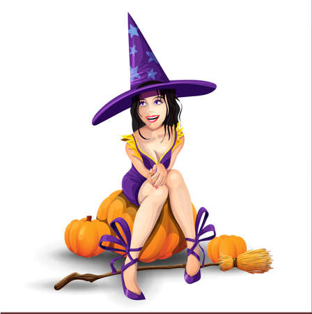 Halloween beautiful witch sits on a pumpkin and laughs. Halloween backgrounds collection. Halloween greeting card and poster, party sign. Cartoon vector character on white background. Isolated.のイラスト素材