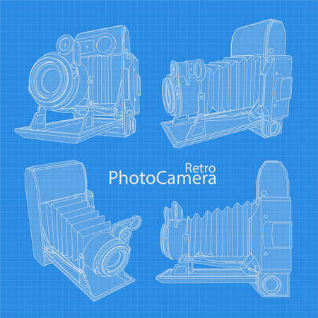 Set with Retro camera. Different angles and 3D projections of retro cameras on blueprint. Vintage photocamera vector drawing.のイラスト素材