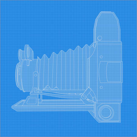 Retro camera drawing. Different angle and 3D projection of retro camera on blueprint. Vintage photocamera vector drawing.のイラスト素材