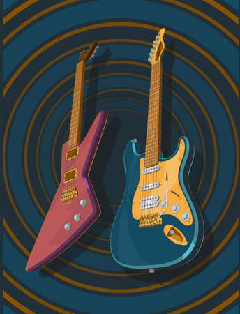 Very accurate 3d realistic colored electric guitars. 3d vector model of guitars illustration. Banner, poster, vintage style picture.のイラスト素材