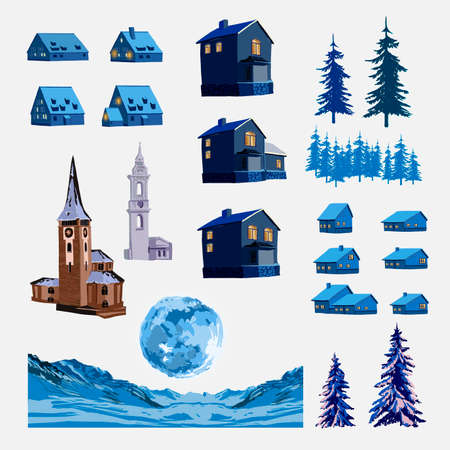 Vector set of various houses, towers and landscape elements. Illustration architecture in the winter city, trees, mountains and Moon. Vector illustration.のイラスト素材