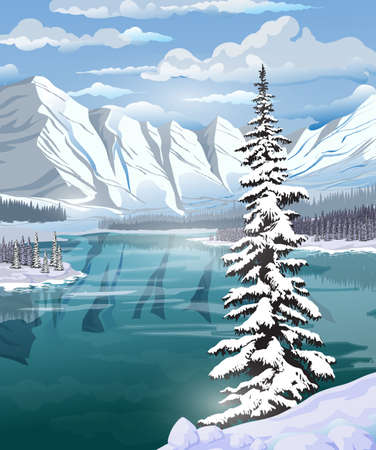 Beautiful winter landscape with an emerald lake, forest, mountains and a large spruce in the foreground. Landscape background for your arts.のイラスト素材