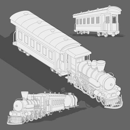 Realistic steam train sketch template.Vector coloring page 3d model train. Cartoon vector illustration in black and white. Coloring paper, page, story book.のイラスト素材