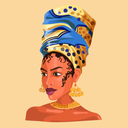 Illustration of an African or latinos Girl Wearing Pretty Head Scarves and Earrings. Exotic hand drawn text. Used for print design greeting card used for print design, banner, poster, flyer template.のイラスト素材