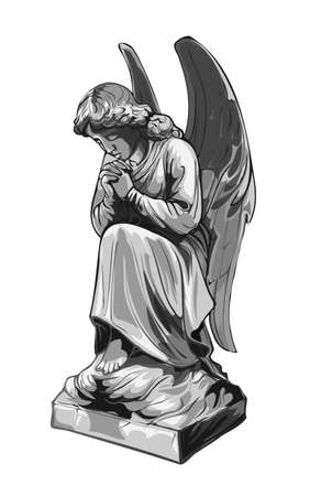 Crying praying Angel sculpture with wings. Monochrome illustration of the statue of an angel. Isolated. Vector illustration.のイラスト素材