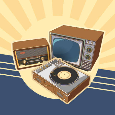 Retro appliances, square card of vintage machinery. Collection with retro vintage radio, TV, turntable vinil record. 3d design, vector illustration, vector.のイラスト素材