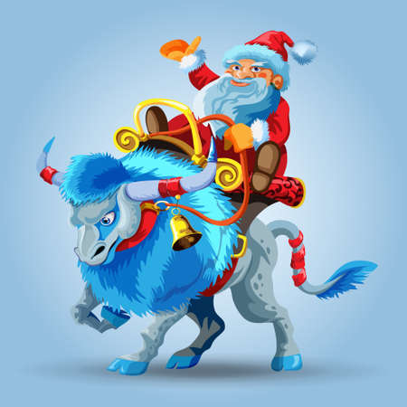 Santa Claus rides a snowy blue bull. Blue taurus with long mane. Santa claus riding a saddle. Happy new year greeting card or bannerのイラスト素材