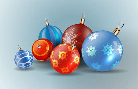 Transparent, Blue, red Christmas ball with snowflakes effect set. Xmas glass ball. Holiday decoration template. Greeting card with new year toys. Vector illustration.のイラスト素材